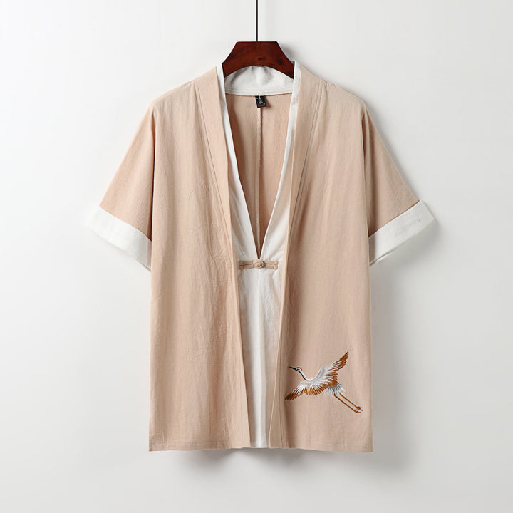 Buddha Stones Fake Two-piece Men's Half Sleeve Cardigan Embroidery Hanfu Comfort Cotton Shirt - PeachPuff - US/UK/AU54,EU64 (9XL) - image 12