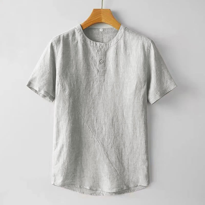 Buddha Stones Summer Men's Solid Color Button Short Sleeve Cotton Linen Shirt - WhiteSmoke - US/UK/AU48,EU58 (4XL) - image 9