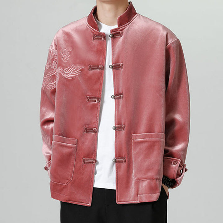Buddha Stones Embroider Dragon Casual Frog-button Cotton Men's Jacket Shirt Clothing - FireBrick - US/UK/AU46,EU56 (5XL) - image 1