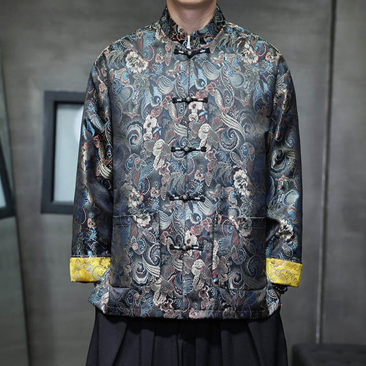Buddha Stones Frog-Button Chinese Tang Suit Stand Collar Long Shirt Men Jacket Clothing - RoyalBlue - US/UK/AU46,EU56 (5XL) - image 1