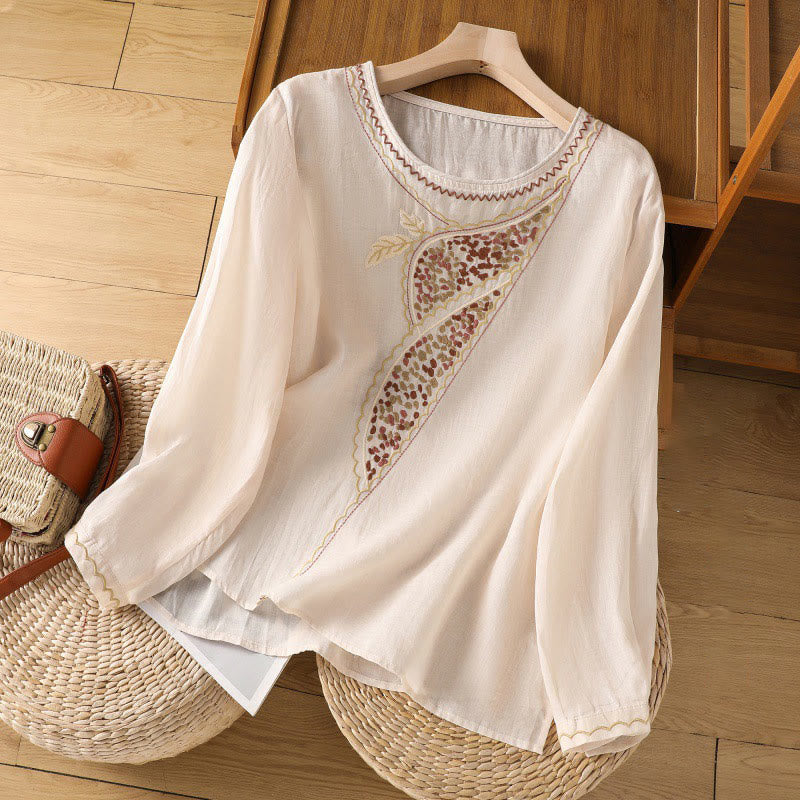 Buddha Stones Ethnic Embroidery Crew Neck Cotton Linen Pullover Clothing - Bisque - US8-10,UK/AU12-14,EU40-42 (2XL) - image 1