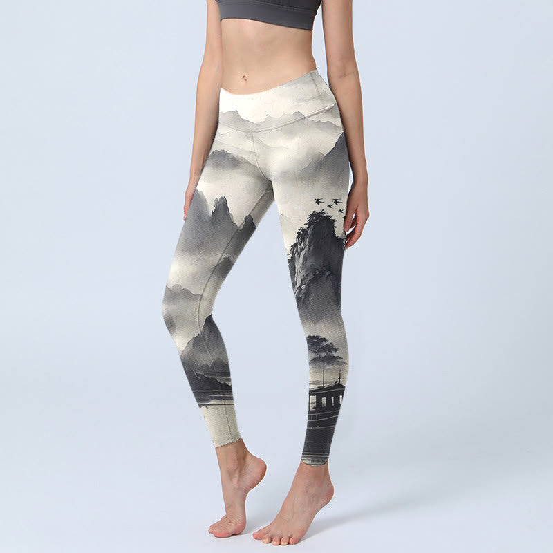 Buddha Stones Splash-ink Landscape Painting Print Fitness Leggings Women's Yoga Pants - Ink Landscape - US18,UK/AU22,EU50 (4XL) - image 1