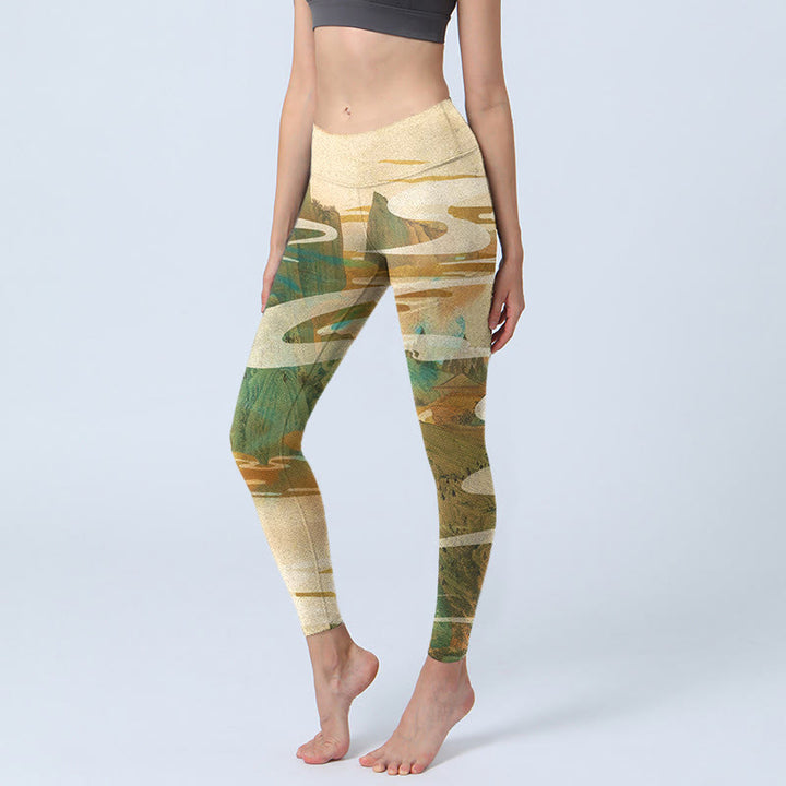 Buddha Stones Green Mountains Clouds Mist Print Fitness Leggings Women's Yoga Pants - LemonChiffon - US18,UK/AU22,EU50 (4XL) - image 1