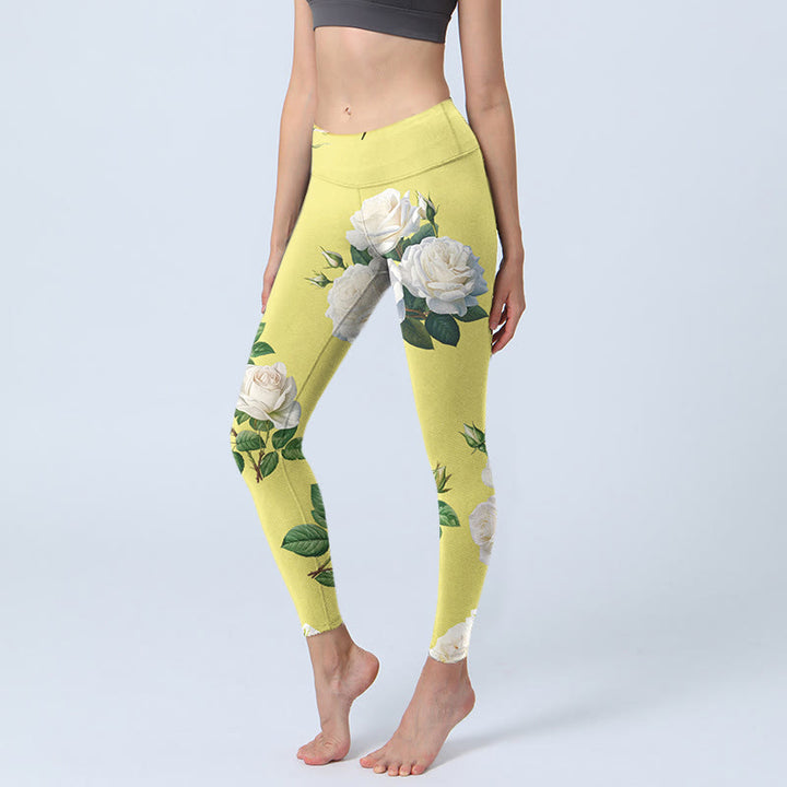 Buddha Stones Yellow White Rose Print Sports Leggings Women's Yoga Pants - Yellow - US18,UK/AU22,EU50 (4XL) - image 1