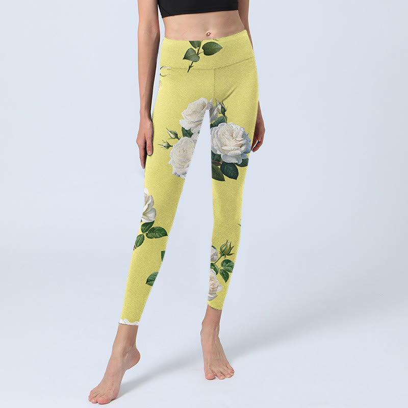 Buddha Stones Yellow White Rose Print Sports Leggings Women's Yoga Pants - image 6
