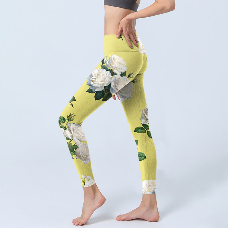 Buddha Stones Yellow White Rose Print Sports Leggings Women's Yoga Pants - image 3
