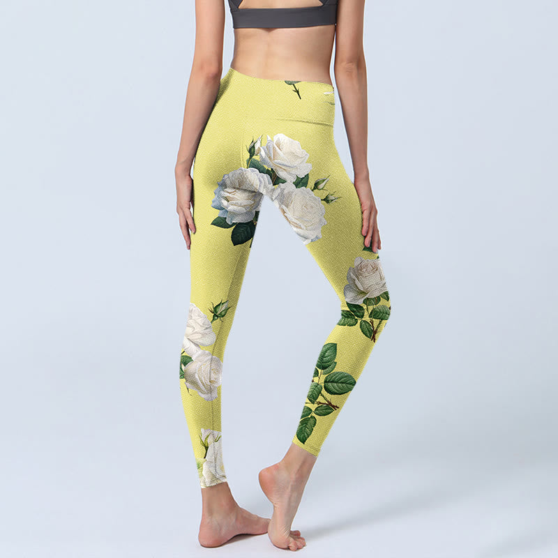 Buddha Stones Yellow White Rose Print Sports Leggings Women's Yoga Pants - image 5