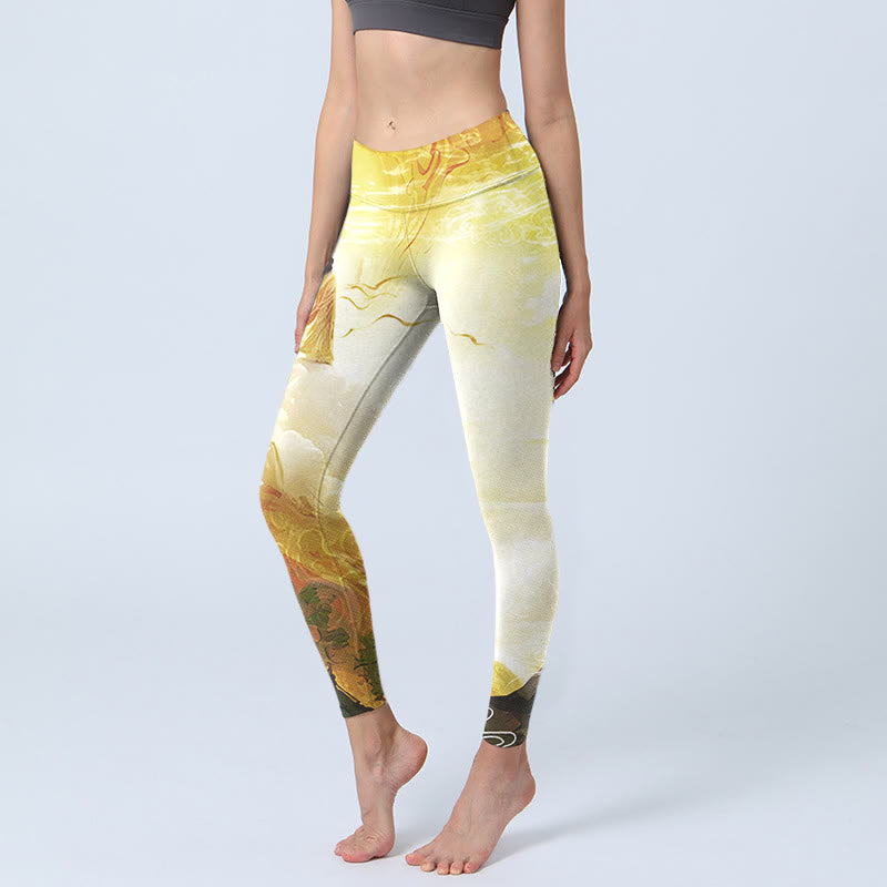 Buddha Stones Golden Auspicious Cloud Figure Print Fitness Leggings Women's Yoga Pants - LightGoldenrodYellow - US18,UK/AU22,EU50 (4XL) - image 1