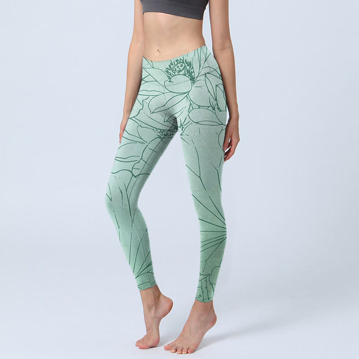 Buddha Stones Green Lotus Flower Print Sports Leggings Women's Yoga Pants - DarkSeaGreen - US18,UK/AU22,EU50 (4XL) - image 1