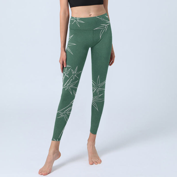 Buddha Stones Green White Bamboo Leaves Print Gym Leggings Women's Yoga Pants - image 6