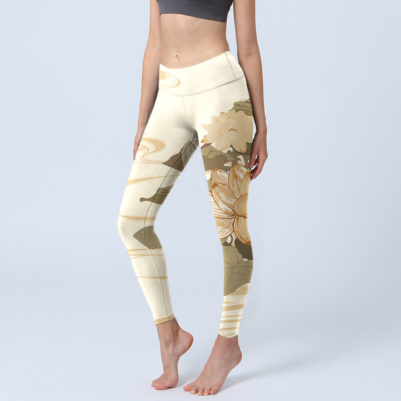 Buddha Stones Beige Lotus Flower Print Gym Fitness Leggings Women's Yoga Pants - Beige - US18,UK/AU22,EU50 (4XL) - image 1