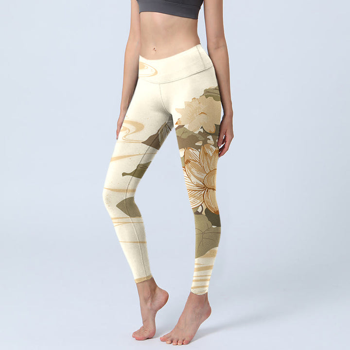 Buddha Stones Beige Lotus Flower Print Gym Fitness Leggings Women's Yoga Pants - Beige - US18,UK/AU22,EU50 (4XL) - image 1