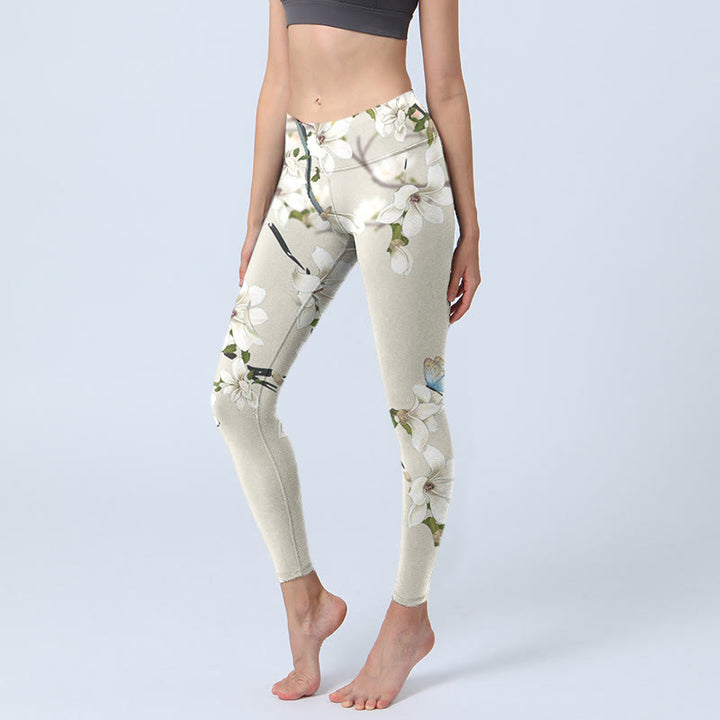 Buddha Stones White Magnolia Flower Print Sports Fitness Leggings Women's Yoga Pants - Linen - US18,UK/AU22,EU50 (4XL) - image 1