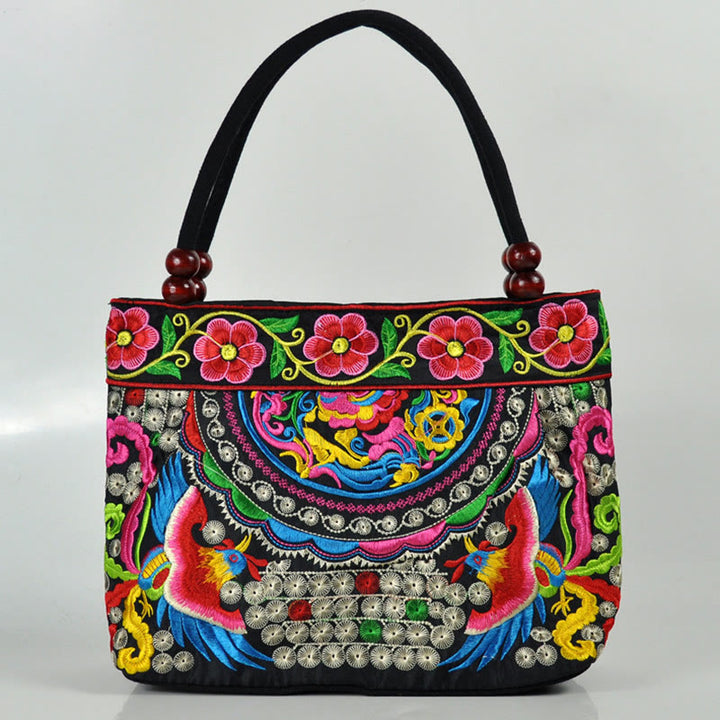 Buddha Stones Money Tree Peony Phoenix Apple Blossom Double-Sided Embroidery Cotton Canvas Shopping Purse Handbag