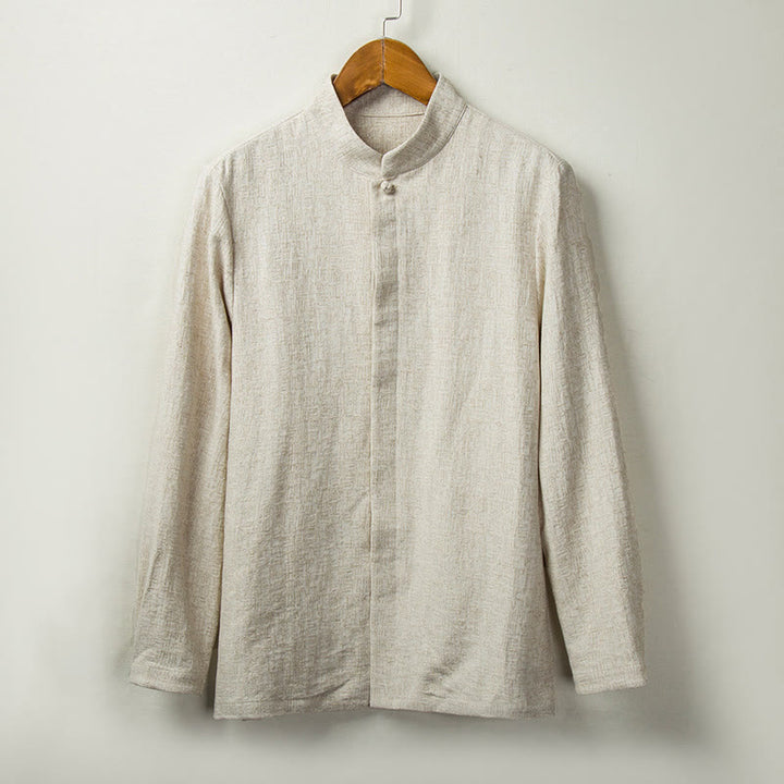 Buddha Stones Fall Solid Long Sleeve Button Shirt Cotton Linen Men Clothing - Linen - US/UK/AU44,EU54 (4XL) - image 0