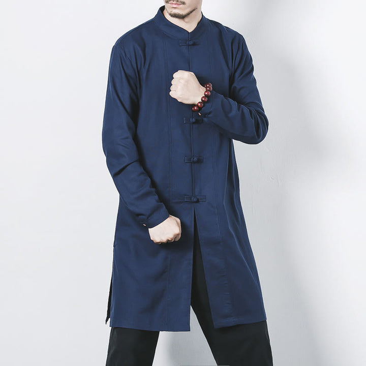 Buddha Stones Fall Simple Frog-Button Linen Men's Mid-length Coat Zen Clothing - SteelBlue - US/UK/AU46,EU56 (5XL) - image 0