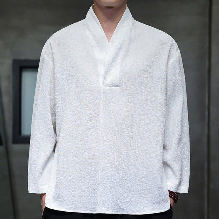 Buddha Stones Simple V-Neck Long Sleeve T-Shirt Men Clothing - White - US/UK/AU46,EU56 (5XL) - image 0