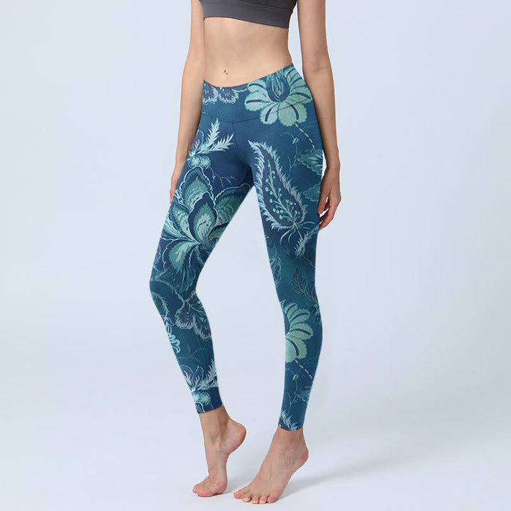 Buddha Stones Blue Flowers Print Sports Fitness Leggings Women's Yoga Pants - SteelBlue - US18,UK/AU22,EU50 (4XL) - image 1