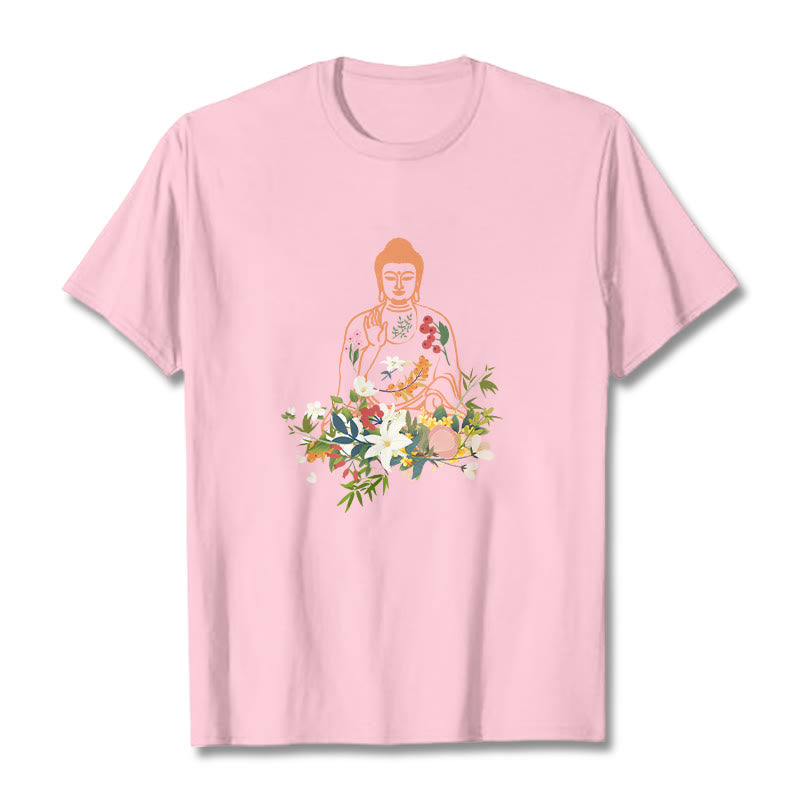 Buddha Stones Meditating Buddha Blooming Flowers Pattern Tee T-shirt - LightPink - 2XL - image 13