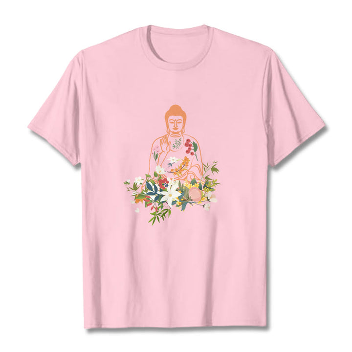 Buddha Stones Meditating Buddha Blooming Flowers Pattern Tee T-shirt - LightPink - 2XL - image 13