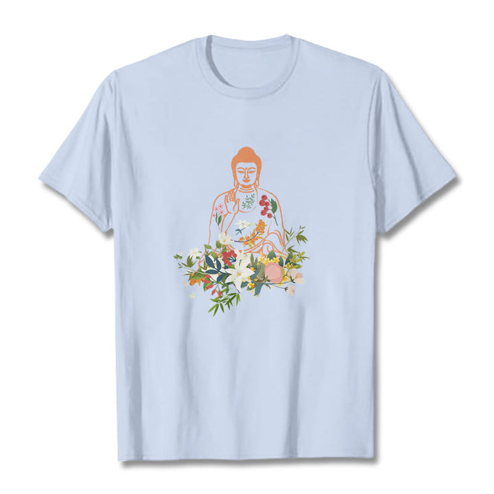 Buddha Stones Meditating Buddha Blooming Flowers Pattern Tee T-shirt - LightCyan - 2XL - image 19