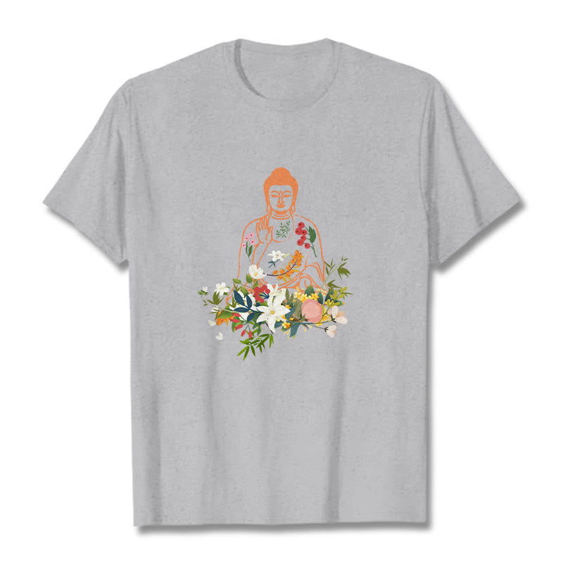 Buddha Stones Meditating Buddha Blooming Flowers Pattern Tee T-shirt - LightGrey - 2XL - image 20