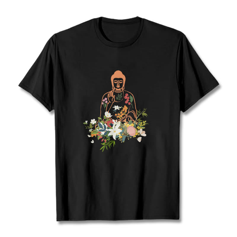 Buddha Stones Meditating Buddha Blooming Flowers Pattern Tee T-shirt - Black - 2XL - image 1
