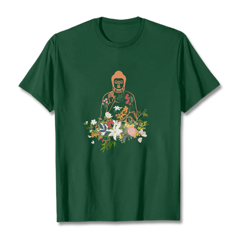 Buddha Stones Meditating Buddha Blooming Flowers Pattern Tee T-shirt - ForestGreen - 2XL - image 11