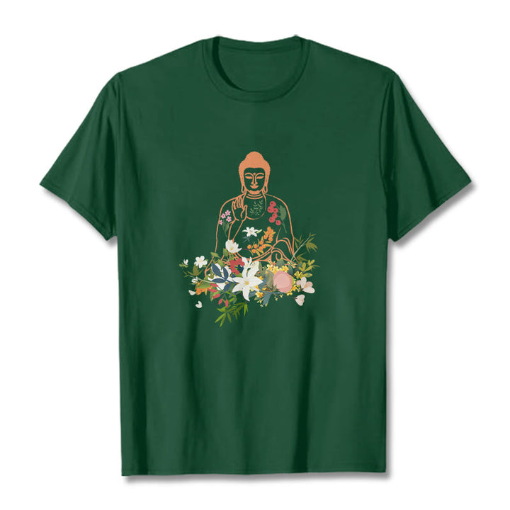 Buddha Stones Meditating Buddha Blooming Flowers Pattern Tee T-shirt - ForestGreen - 2XL - image 11