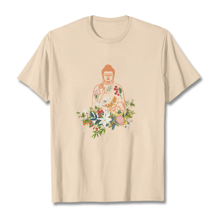 Buddha Stones Meditating Buddha Blooming Flowers Pattern Tee T-shirt - Bisque - 2XL - image 9