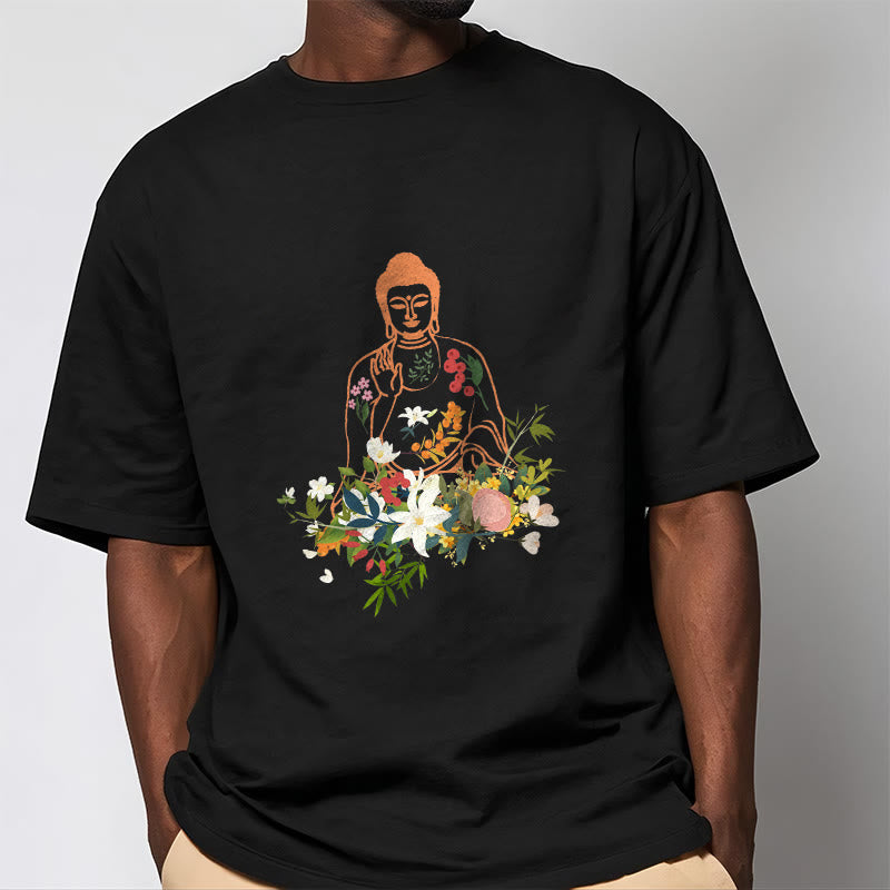 Buddha Stones Meditating Buddha Blooming Flowers Pattern Tee T-shirt - image 2