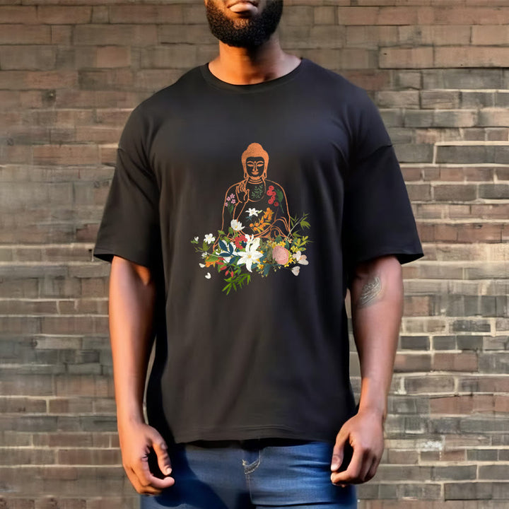 Buddha Stones Meditating Buddha Blooming Flowers Pattern Tee T-shirt - image 3