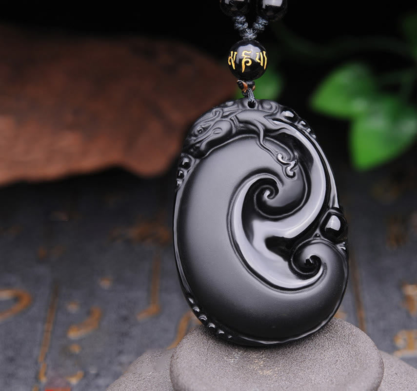 Buddha Stones Natural Black Obsidian PiXiu Oval Pattern Strength Necklace Pendant - Black Obsidian(Purificationā„Transformation) - image 1