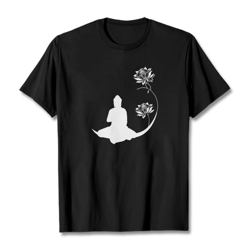 Buddha Stones Buddha Sitting With Lotus Flowers Pattern Pattern Tee T-shirt - Black - 2XL - image 1