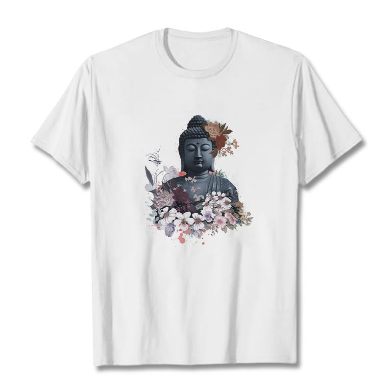 Buddha Stones  Colorful Flowers Surrounding Buddha Pattern Tee T-shirt - White - 2XL - image 1