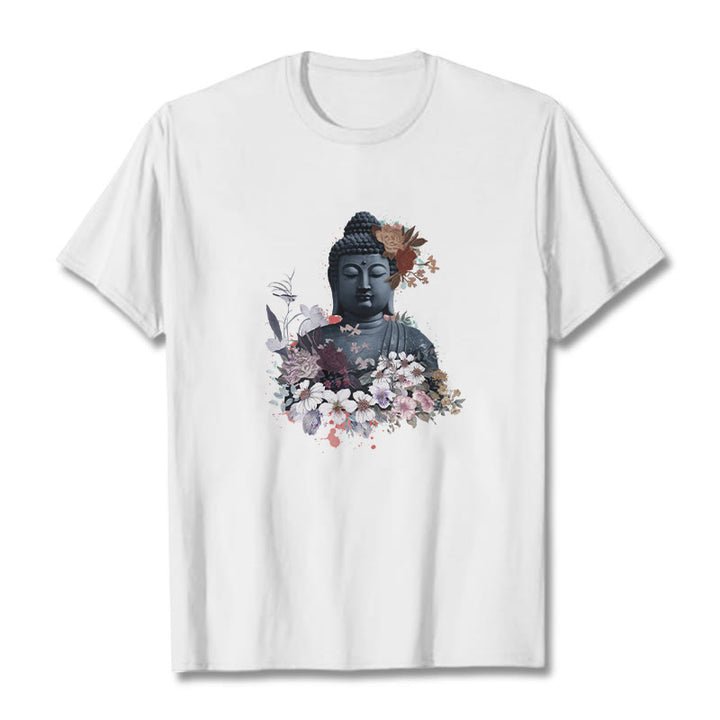 Buddha Stones  Colorful Flowers Surrounding Buddha Pattern Tee T-shirt - White - 2XL - image 1