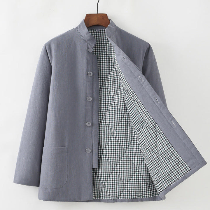 Buddha Stones Winter Men's Frog-Button Tang Suit Linen Cotton Fleece Lined Jacket Shirt With Pockets - Gray - Button Down - US/UK/AU44,EU54 (4XL) - image 3