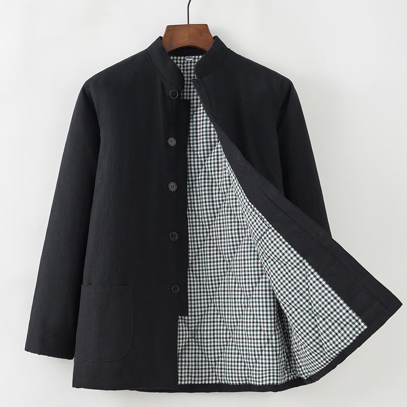 Buddha Stones Winter Men's Frog-Button Tang Suit Linen Cotton Fleece Lined Jacket Shirt With Pockets - Black - Button Down - US/UK/AU44,EU54 (4XL) - image 12