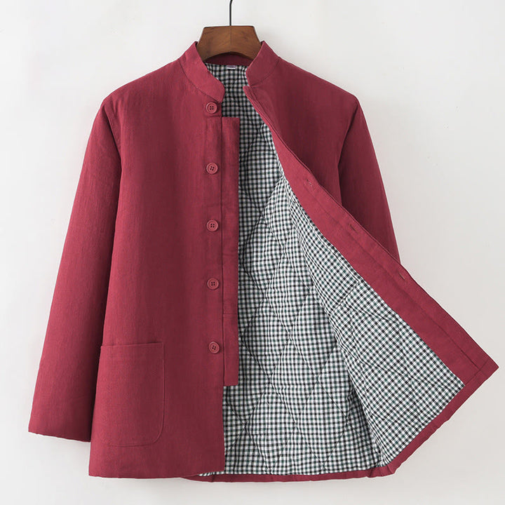 Buddha Stones Winter Men's Frog-Button Tang Suit Linen Cotton Fleece Lined Jacket Shirt With Pockets - FireBrick - Button Down - US/UK/AU44,EU54 (4XL) - image 13