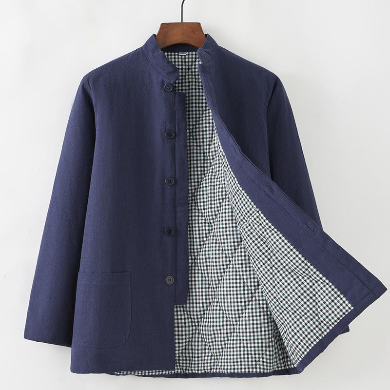 Buddha Stones Winter Men's Frog-Button Tang Suit Linen Cotton Fleece Lined Jacket Shirt With Pockets - SteelBlue - Button Down - US/UK/AU44,EU54 (4XL) - image 0