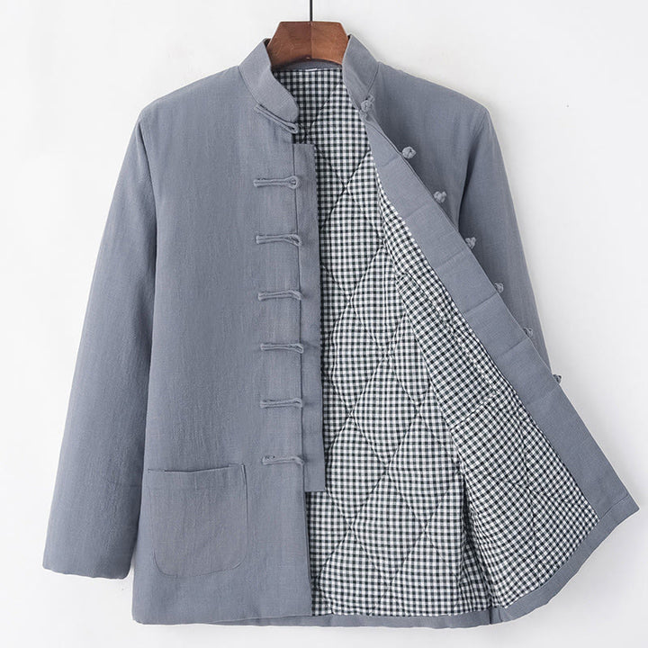 Buddha Stones Winter Men's Frog-Button Tang Suit Linen Cotton Fleece Lined Jacket Shirt With Pockets - Gray - Frog-Button - US/UK/AU44,EU54 (4XL) - image 15