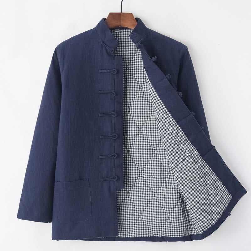 Buddha Stones Winter Men's Frog-Button Tang Suit Linen Cotton Fleece Lined Jacket Shirt With Pockets - SteelBlue - Frog-Button - US/UK/AU44,EU54 (4XL) - image 14