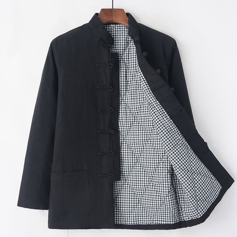 Buddha Stones Winter Men's Frog-Button Tang Suit Linen Cotton Fleece Lined Jacket Shirt With Pockets - Black - Frog-Button - US/UK/AU44,EU54 (4XL) - image 16