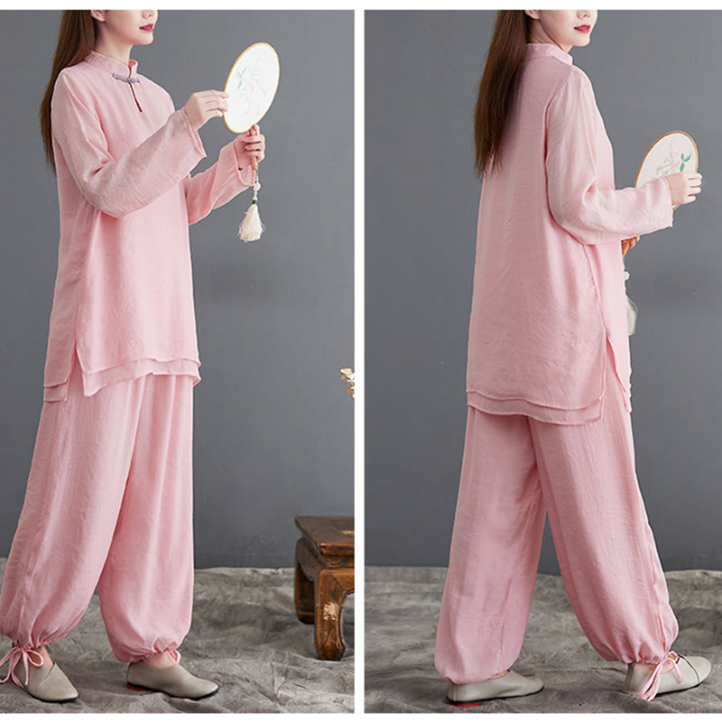 Buddha Stones 2Pcs Solid Women's Long Sleeve Shirt Pants Meditation Clothing Set