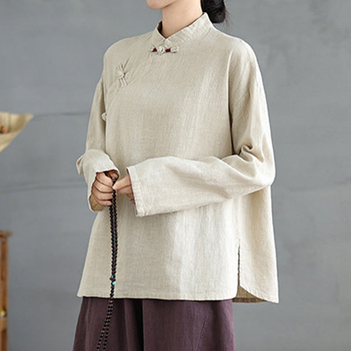 Buddha Stones Solid Color Frog-Button Long Sleeve Women's Shirt - image 5