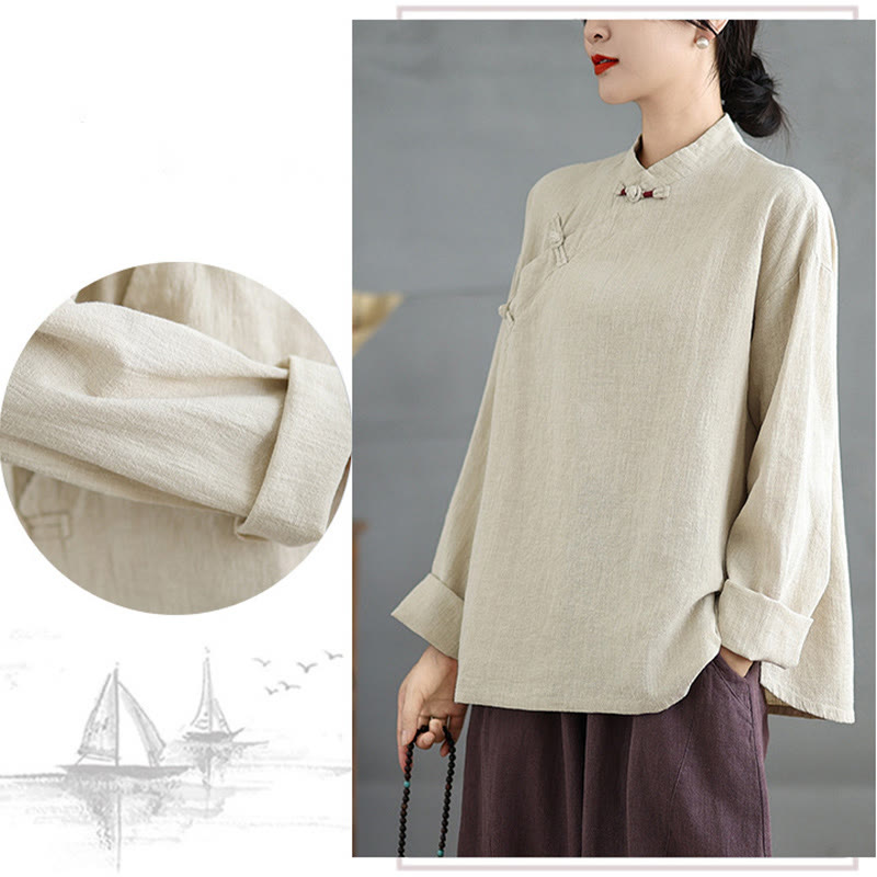 Buddha Stones Solid Color Frog-Button Long Sleeve Women's Shirt - image 8