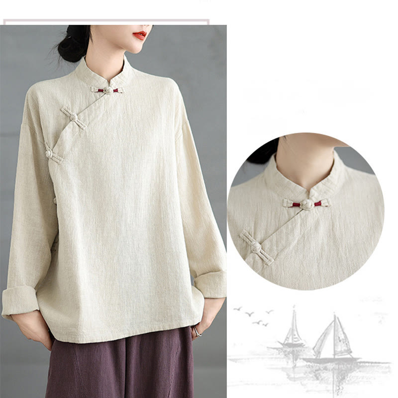 Buddha Stones Solid Color Frog-Button Long Sleeve Women's Shirt - image 6