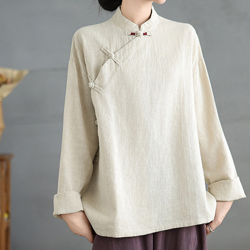 Buddha Stones Solid Color Frog-Button Long Sleeve Women's Shirt - Linen - US8-10,UK/AU12-14,EU40-42 (2XL) - image 0