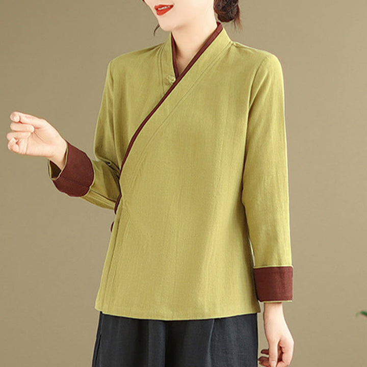 Buddha Stones Fall Solid Color Hanfu Long Sleeve Lace Up Women's Shirt - DarkKhaki - US8-10,UK/AU12-14,EU40-42 (2XL) - image 8
