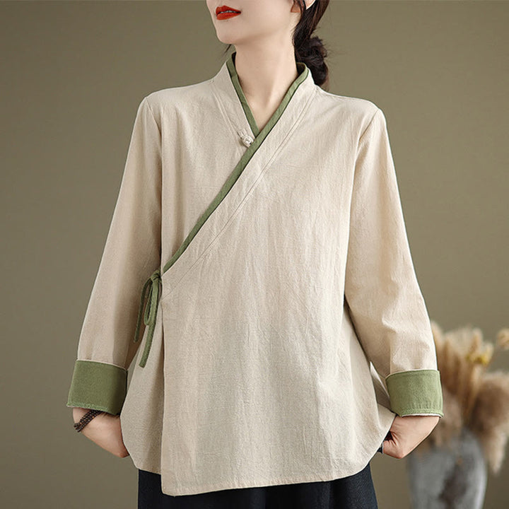 Buddha Stones Fall Solid Color Hanfu Long Sleeve Lace Up Women's Shirt - Linen - US8-10,UK/AU12-14,EU40-42 (2XL) - image 0